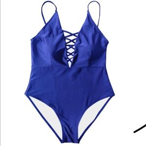 Strappy Lace-Up One-Piece Swimwear - Blue Xl